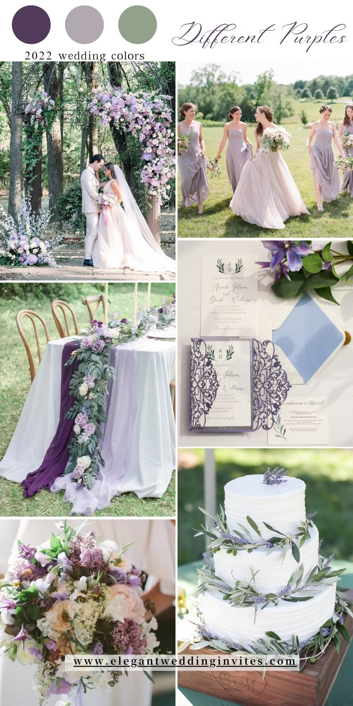 wedding color palettes for the bride and groom in lavender, lila and green tones