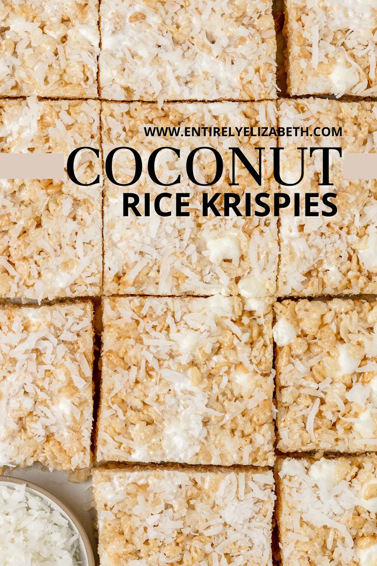 coconut rice krispies cut into squares and stacked on top of each other