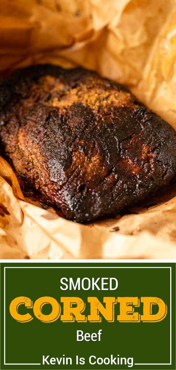 a close up of a piece of meat in a paper bag with the words smoked corned beef on it