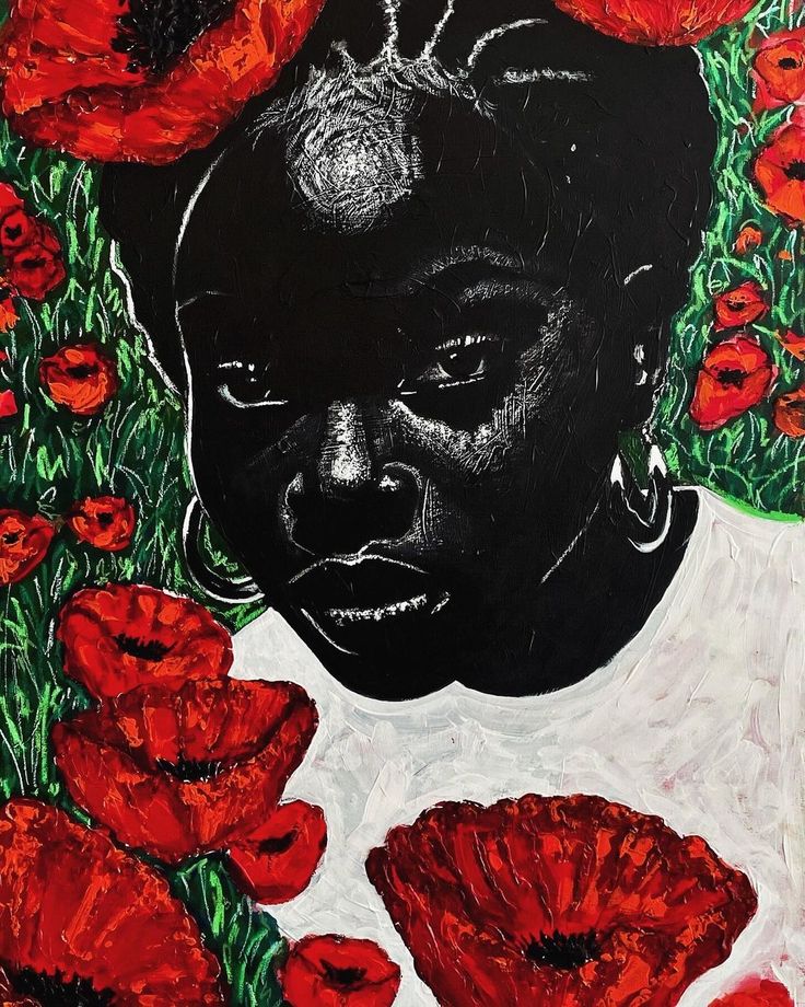 "Poppies of Memory" (Adenkanee Mpopiwa) Acrylic, oil pastel and foam clay on canvas  90cm x 60cm 2024  "This piece examines the intersection of collective memory and individual identity, drawing on themes of migration, cultural heritage, and generational experience. It invites viewers to reflect on how the past shapes our personal and cultural narratives, and the ways in which memory informs our present selves" - Sabina Silver  Artist: Sabina Silver @sabinasilverstudios #sabinasilver African Heritage Art, Identity Drawing, Clay On Canvas, Heritage Art, Foam Clay, Contemporary African Art, African Heritage, Afrocentric Art, Natural Art