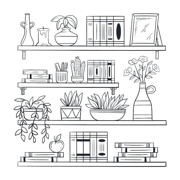 shelves with books, plants and vases on them in black and white ink drawing