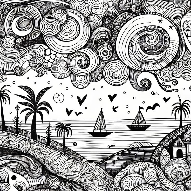 a black and white drawing of boats on the water with swirls in the sky