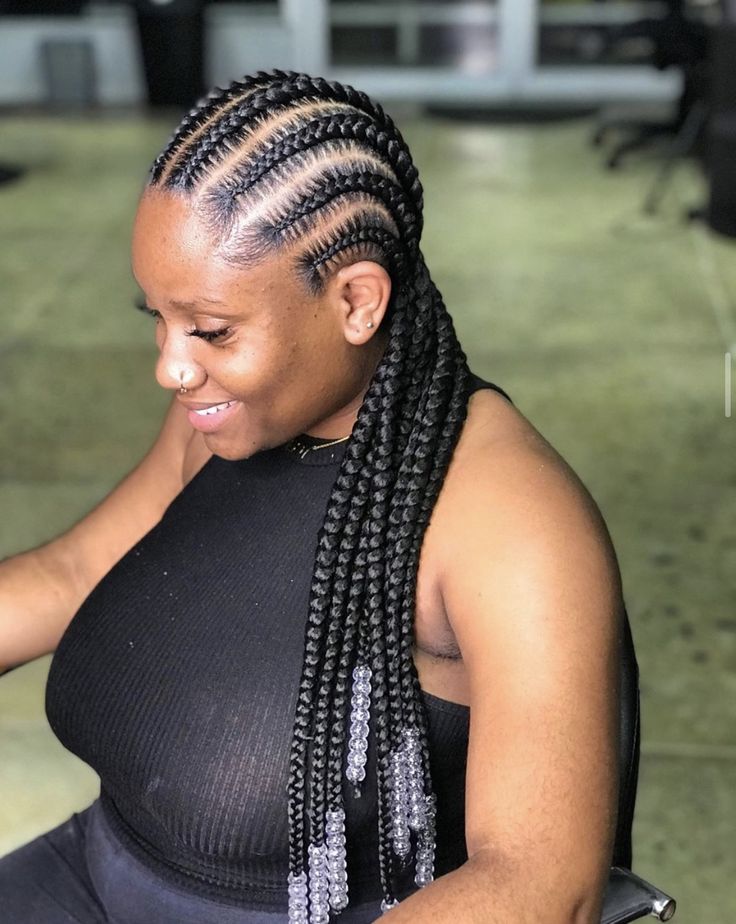 8 Lines Cornrows, Stitch Braids For Round Face, Straight Back Feed In Braids Medium, Latest Conrows Lines And Braids, Big Conrows Lines For Black Women, 6 Conrows Lines For Black Women, Straightback Cornrows Braids With Beads, Allbackhair Braids, 8 Stitch Feed In Braids