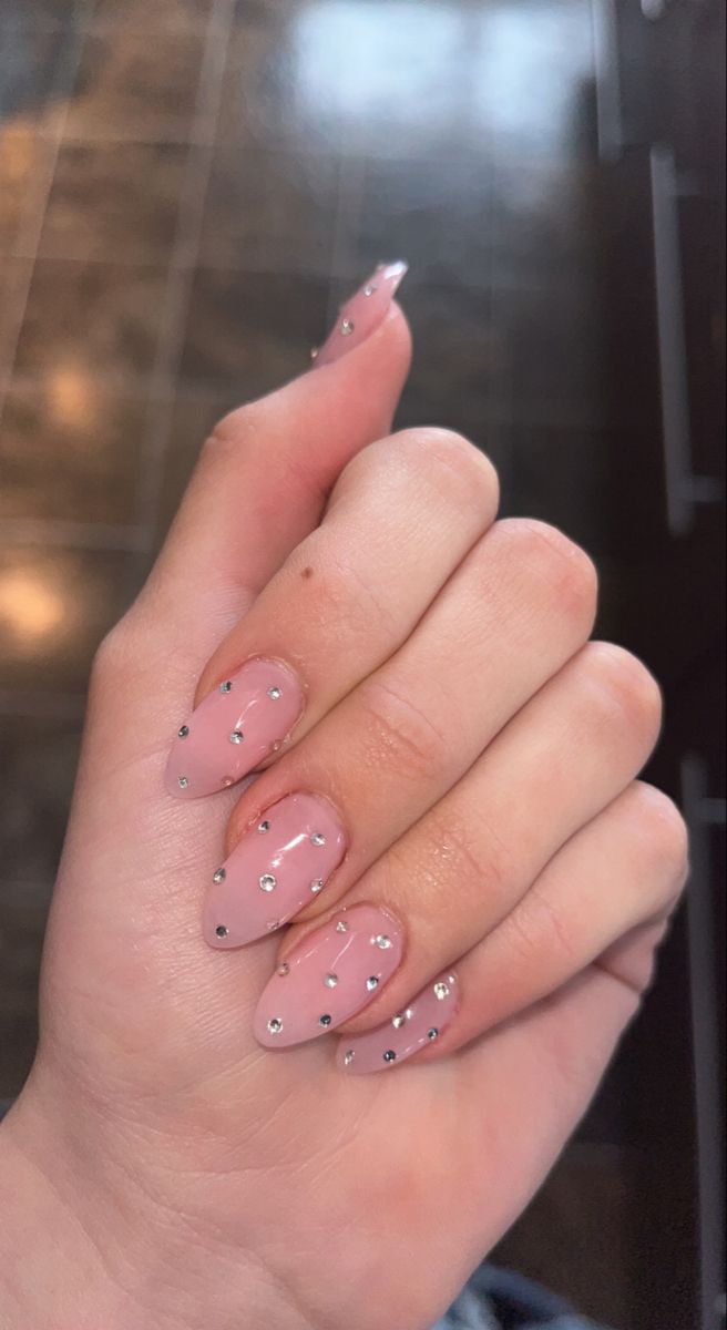 Mini Rhinestone Nails, Milky Pink Nails With Rhinestones, Nails With Small Rhinestones, Almond Nails Pink, Euphoria Nails, Clear Acrylic Nails, Baby Pink Nails, Milky Nails, Nails Design With Rhinestones