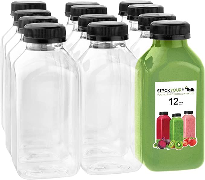 six glass bottles with black caps and labels on each side, one is filled with liquid