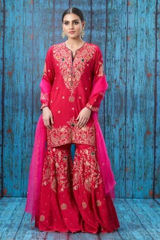 Shop for Niti Bothra Pink Silk Embroidered Kurta Sharara Set for Women Online at Aza Fashions Niti Bothra, Jaal Embroidery, Embroidered Sharara, Kurta Sharara Set, Pink Kurta, Kurta Sharara, Colour Combinations Fashion, Salwar Designs, Dress Design Patterns