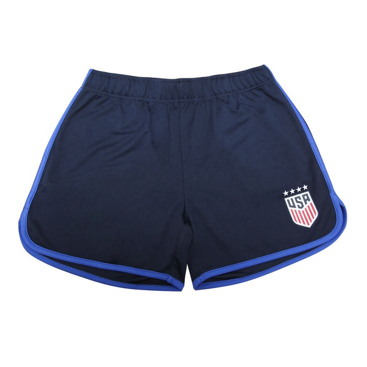 The ultimate choice for soccer enthusiasts. Made from durable polyester, these shorts provide excellent comfort and breathability on and off the field. With an adjustable drawstring, you can achieve the perfect fit every time. Show off your support for the USWNT with pride as you train, play, or simply lounge around. Upgrade your soccer gear today with these high-quality, officially licensed shorts. Go for the win and order yours now! Official Licensed U.S. Soccer USWNT Product 100% Polyester Pr Navy Sporty Shorts With Short Legs, Blue Breathable Shorts For Sports Events, Sporty Navy Shorts With Short Leg, Breathable Blue Shorts For Sports Events, Blue Sportswear Shorts For Sports Events, Blue Team Spirit Sports Bottoms, Team Spirit Sports Shorts, Sportswear Athletic Shorts With Team Name For Sports Events, Blue Athletic Shorts For Sports Events