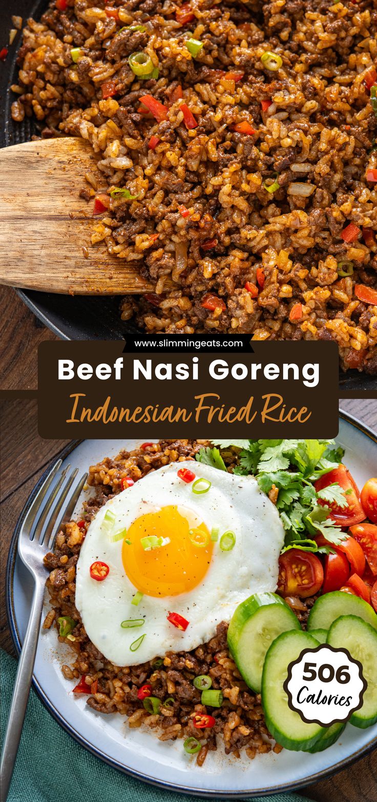 beef nasi goreng with fried egg and vegetables in a pan on a wooden table