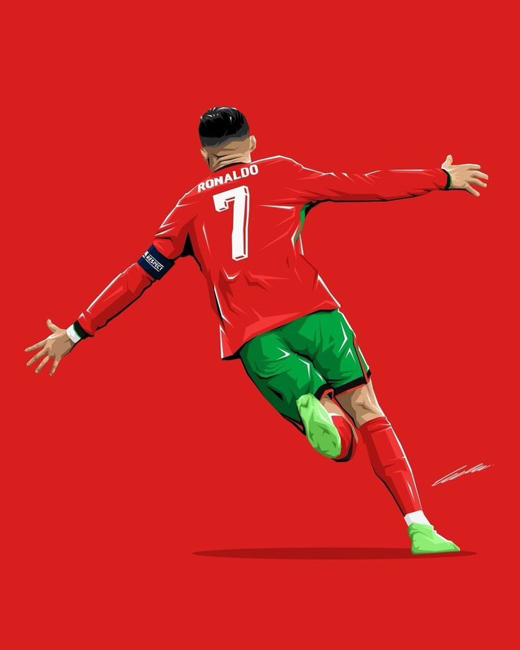 a painting of a man kicking a soccer ball on a red background with the words ronaldo