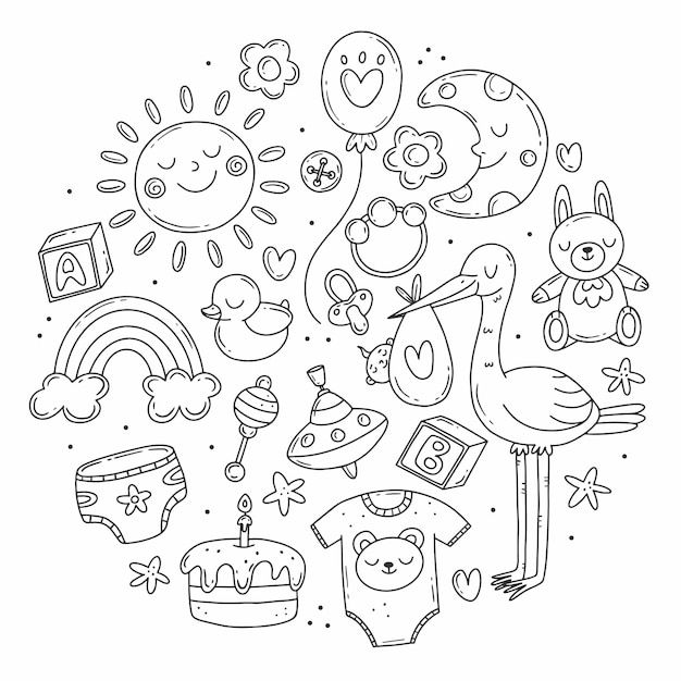 a black and white drawing of baby items in the shape of a circle with balloons, stars