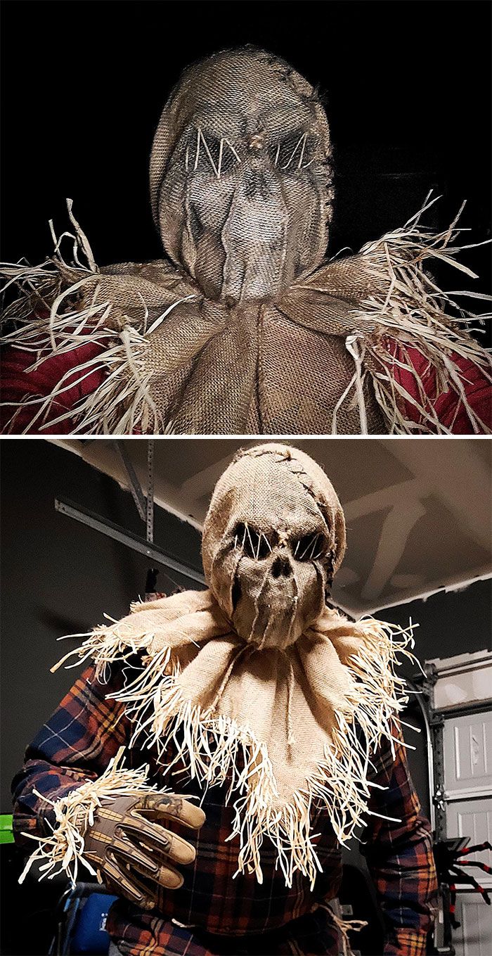 two pictures of the same scarecrow in different stages of being dressed up for halloween