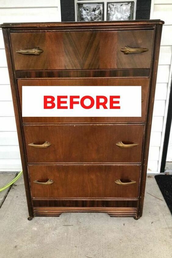 an old dresser with the words before painted on it's front and back sides