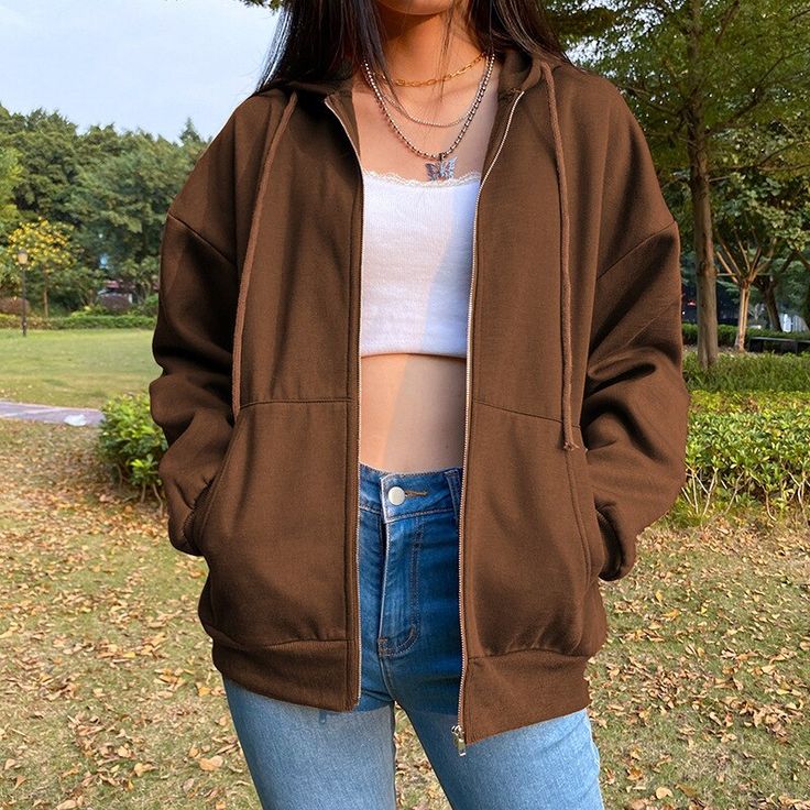 Aesthetic Long Sleeve, Harajuku Jacket, Cardigan Rosa, Street Shooting, Brown Zip Ups, Coat Autumn, Pocket Sweater, Womens Sweatshirts Hoods, Hoodie Oversize