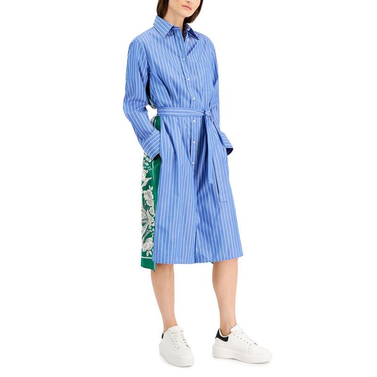 Weekend Max Mara Combine Crisp Cotton Front With A Scarf-Print Silk Back For A Unique Take On The Essential Shirtdress. Button-Front Dress Cotton: Woven And Fresh; Very Little Stretch Point Collar; Shirtdress Silhouette Front Button Closures Self-Tie Belt; On-Seam Pockets At Hips; Vents At Sides Of Hem Unlined Cotton/Silk Hand Wash Imported Spring Blue Shirt Dress With Button Closure, Blue Shirt Dress For Dress Down Spring, Casual Blue Shirt Dress For Spring, Blue Shirt Dress For Dress Down Spring Occasion, Blue Button-up Shirt Dress For Spring, Elegant Blue Cotton Shirt Dress, Blue Knee-length Shirt Dress With Placket, Chic Blue Shirt Dress With Placket, Blue Cotton Button-up Midi Dress