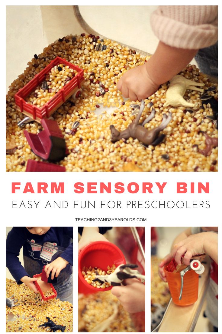 a collage of photos showing how to use farm sensory bins