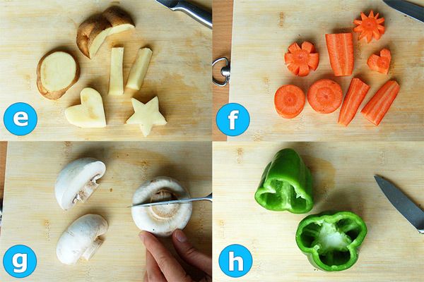 four pictures showing different types of vegetables being cut up and placed on a cutting board