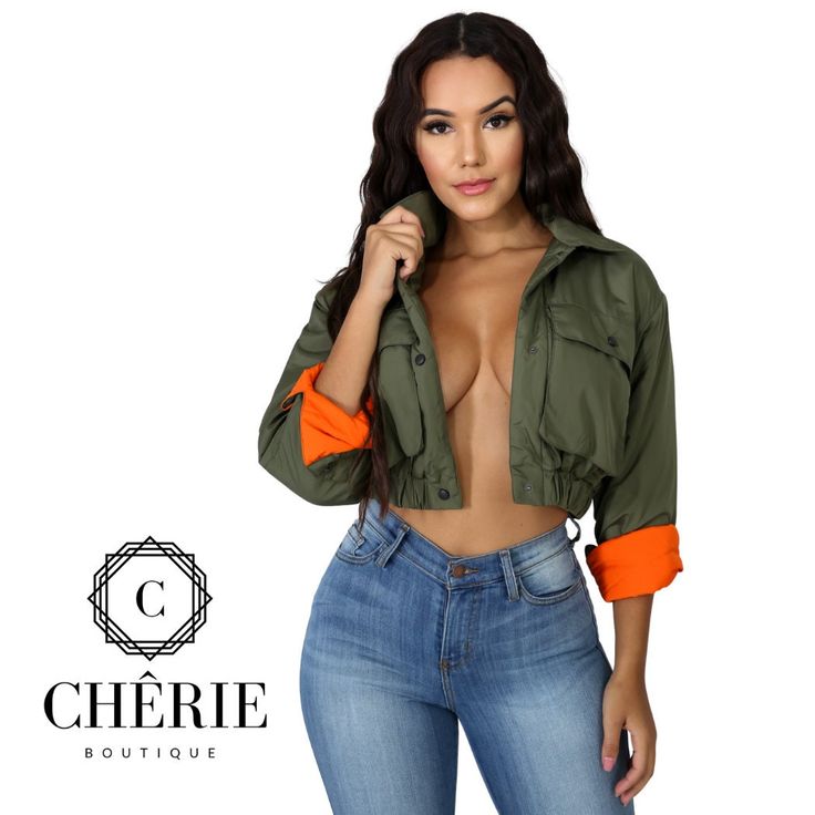 "This bomber crop jacket features, a non-stretch fabric, collard neckline, front pockets, long sleeves, finished with a front button up closure. Model is wearing a small Hand wash cold water Do not bleach   MODEL STATS Height: 5.5\" Bust:34\" / Waist:27\" / Hips:42\"" Chic Green Cropped Long Sleeve Jacket, Fitted Cropped Jacket With Pockets And Long Sleeves, Fitted Long Sleeve Cropped Jacket With Pockets, Fitted Utility Cropped Jacket For Work, Casual Fitted Cropped Jacket With Pockets, Trendy Crop Top With Pockets For Spring, Trendy Spring Crop Top With Pockets, Green Cropped Fitted Outerwear, Trendy Fitted Collared Cropped Jacket