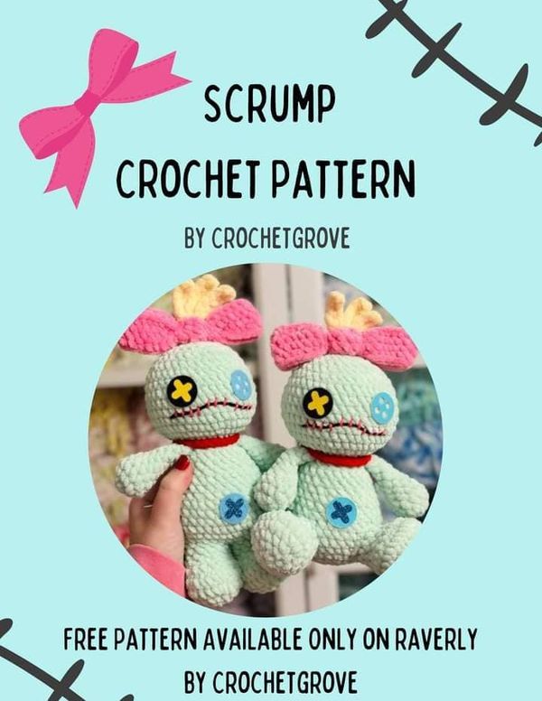 a crocheted stuffed animal with a pink bow on it's head and the text, scrump crochet pattern by crochet grove