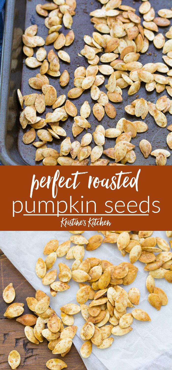 roasted pumpkin seeds on a baking sheet with text overlay