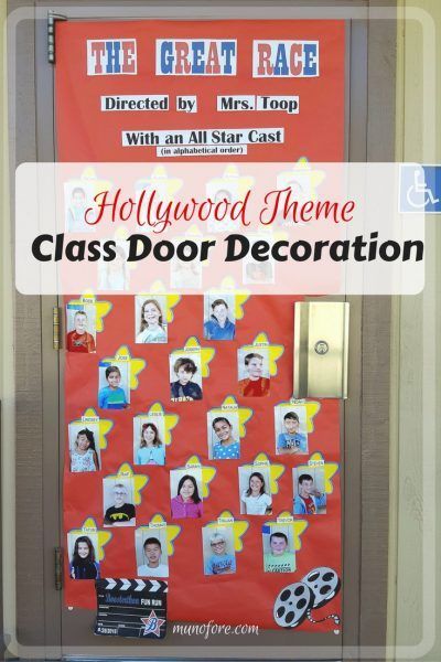 the hollywood theme class door decoration with pictures on it and words that read, hollywood theme class door decoration