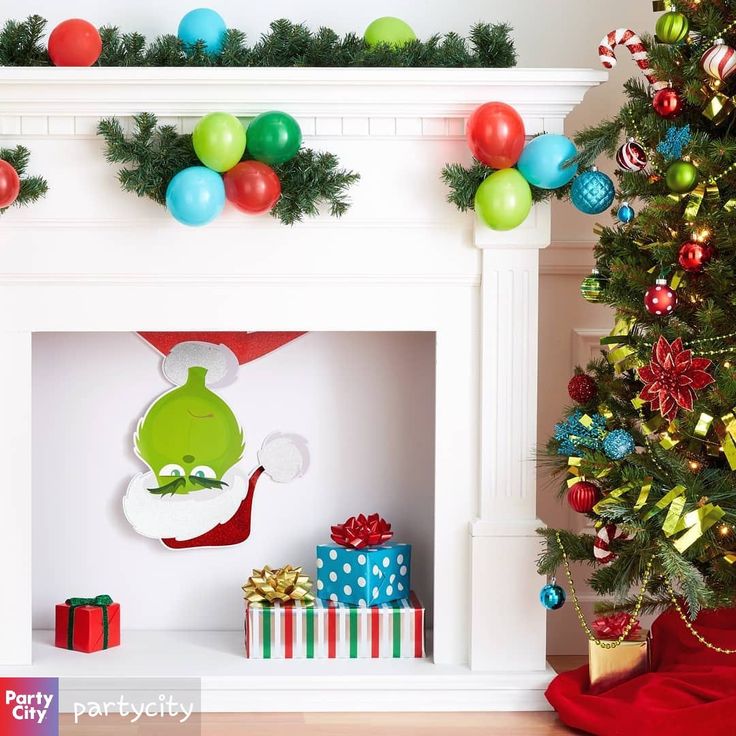 a decorated christmas tree and presents in front of a fireplace with the grin face on it