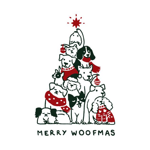 a christmas tree with dogs around it and the words merry woofmas written in red