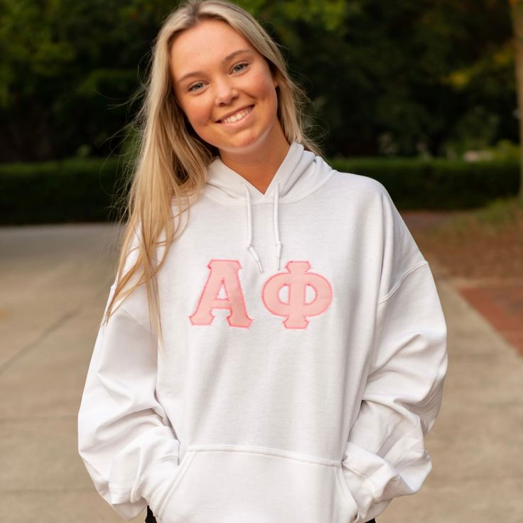 Custom Stitched Alpha Phi Sorority Greek Letter Hoodie Sweatshirt Spring Collegiate Sweatshirt With Letter Print, Spring College Sweatshirt With Drawstring Hood, Spring Cotton Sweatshirt With School Spirit, Spring College Hoodie Relaxed Fit, College Spring Hoodie Sweatshirt, White Hoodie For College In Spring, Spring College Hoodie In Relaxed Fit, Relaxed Fit Hoodie For College In Spring, White Relaxed Fit Hoodie For College