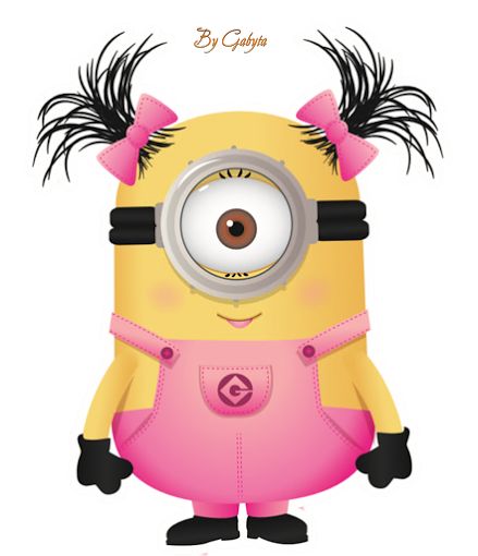 a yellow and pink minion with black hair standing in front of a white background