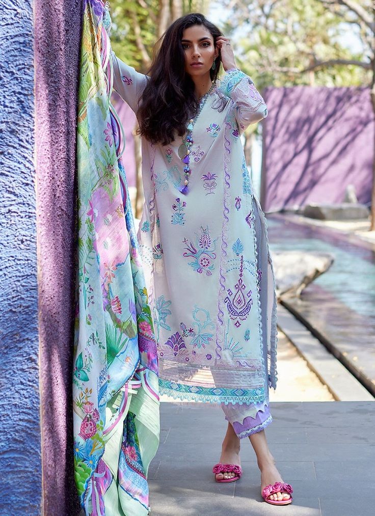 Brand new. 100% Original Farah Talib Aziz Luxury Suay Lawn - ZOELLA GREY A twist to the seasons most loved color, green! Kelaya Kiwi is a striking ensemble, the shirt is a vibrant hue, decorated with impeccably embroidered blooms in enticing hues. The eye-catching embroidery on the sleeves and borders ties in with the stunning pure chiffon dupatta in soothing, refreshing colors ties the whole ensemble together with easy, covetable sophistication. Unexpected details, uncomplicated elegance with the must have Kelaya Kiwi!! * Embroidered composed front (Lawn) 48 inches * Embroidered composed back (Lawn) 48 inches * Embroidered composed sleeves (Lawn) 27inches * Embroidered hem border (Organza) 1.5 meters * Embroidered border (Organza) 1.5 meters * Embroidered border for pants (Organza) 1 mete Farah Talib Aziz, Jacquard Pants, Lawn Design, Dress Salwar Kameez, Zoella, Printed Dupatta, Pakistani Salwar Kameez, Front Lawn, Embroidered Border