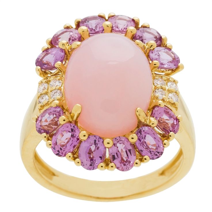 ♥ Beautifully handcrafted Pink Opal, Pink Sapphire ring that features 5.41 -carat classic Oval cab Pink Opal, 3.13 -carat Oval-cut Pink Sapphire gemstone with Round-cut Diamond accents Metal: Solid 14k Yellow Gold Gemstone: Pink Opal, Pink Sapphire Side Stones: Diamond Round 8 Pcs 0.10 carat. Stone Color: Pink (no chemical treatment) Stone Cutting: Very Good Oval Cab, Oval-cut Stone Size (Length x Width): 10x14 mm 1 pcs Approx. 5.41 Carats, 3x4 mm 12 pcs 3.13 carat. Includes a gorgeous velvety r Sapphire Side Stones, Rainbow Opal, Cushion Cut Engagement Ring, Pink Sapphire Ring, Sapphire Diamond Ring, Deco Engagement Ring, Art Deco Engagement Ring, Delicate Rings, Yellow Gold Ring