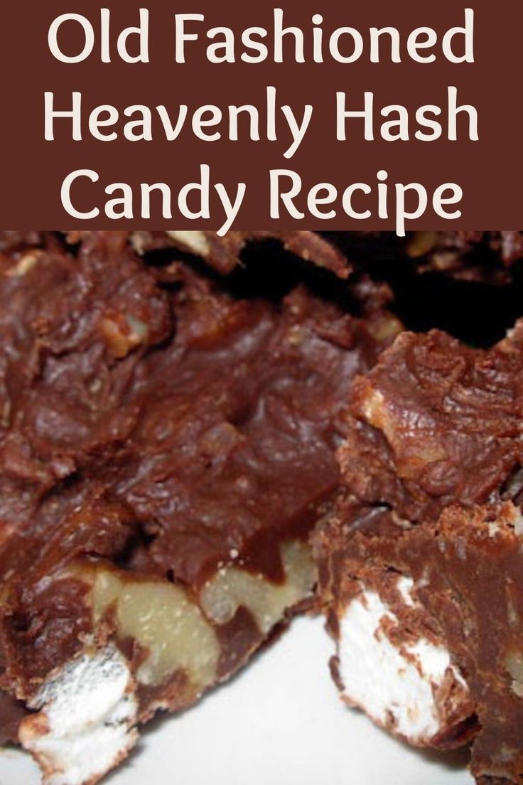 old fashioned heavenly hash candy recipe on a white plate with chocolate and marshmallows