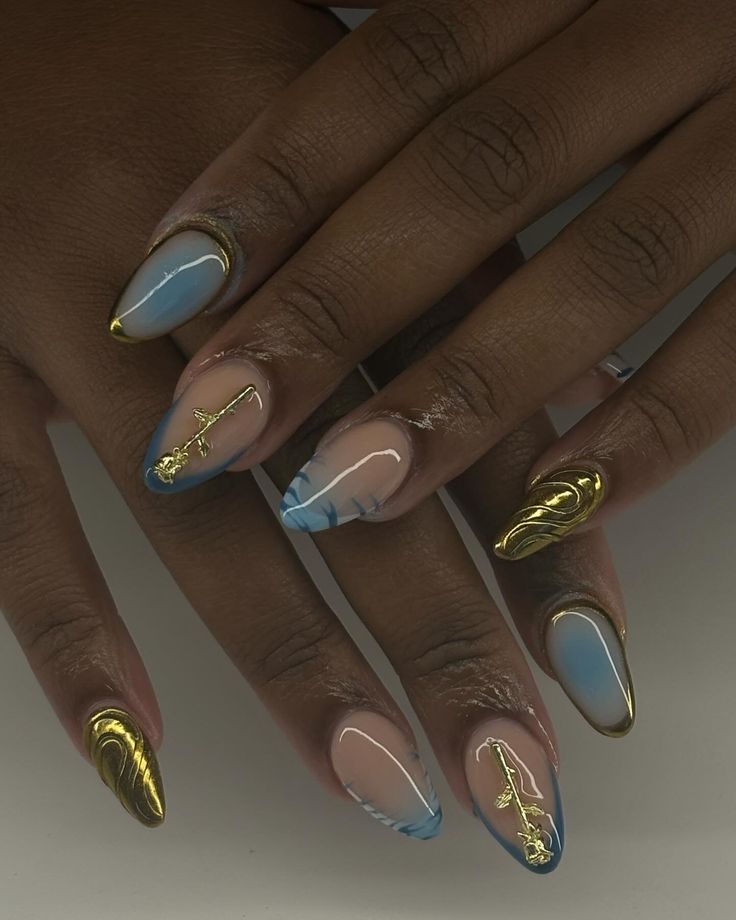 Blue and Gold Freestyle🩵✨ Blue And Gold French Tip Nails, Blue And Golden Nails, Blue And Gold Nail Ideas, Gold And Teal Nails, Baby Blue And Gold Nails, Light Blue And Gold Nails, Gold And Blue Nails, Blue And Gold Nail Designs, Blue Yellow Nails