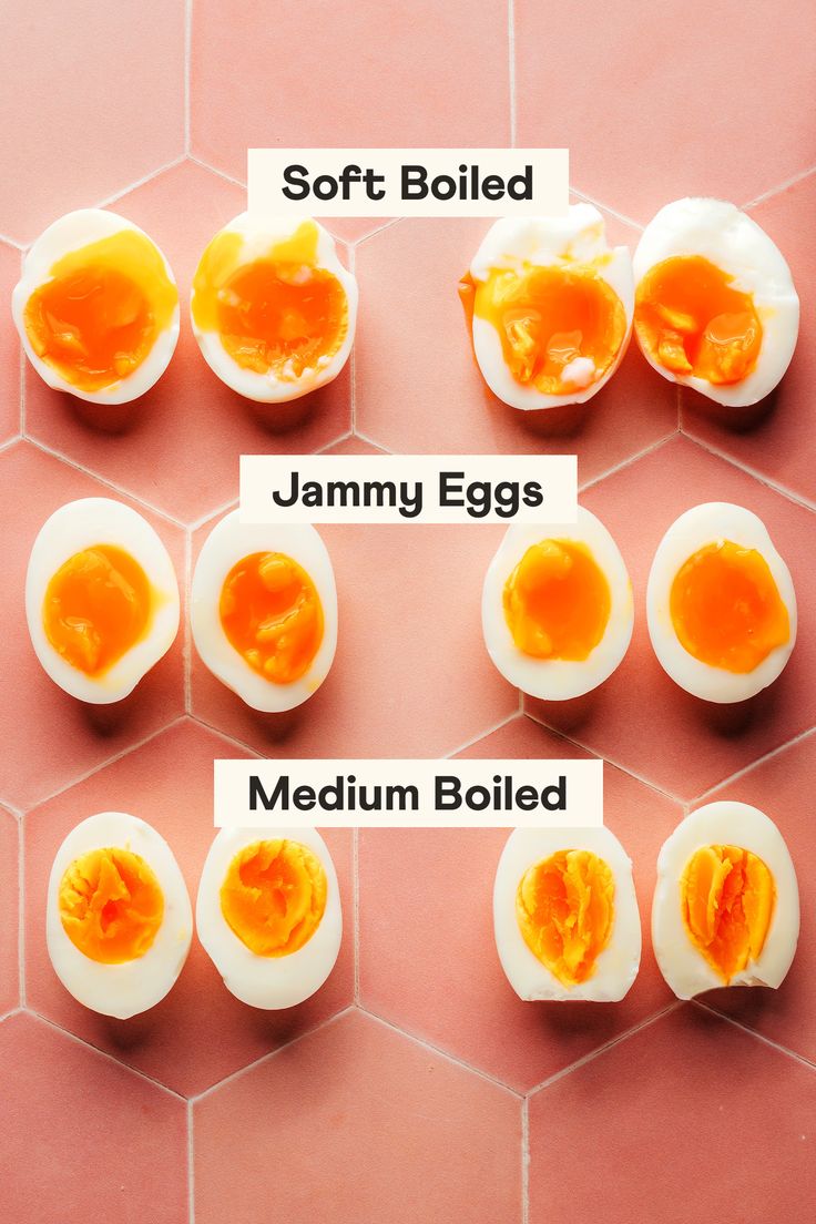 hard boiled eggs are shown on a pink tile floor, with the names soft boiled and jammy eggs below them