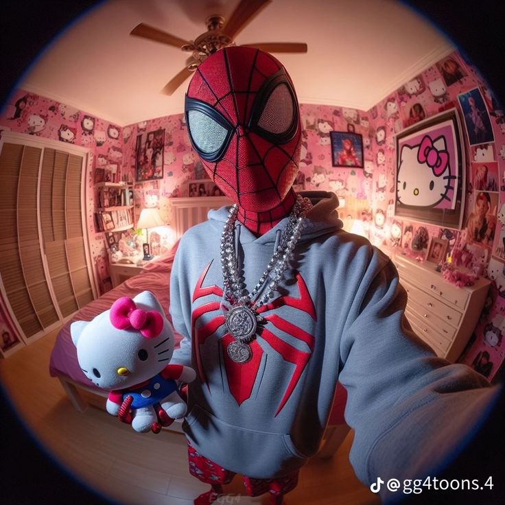 a person wearing a hello kitty outfit and holding a hello kitty doll in a bedroom