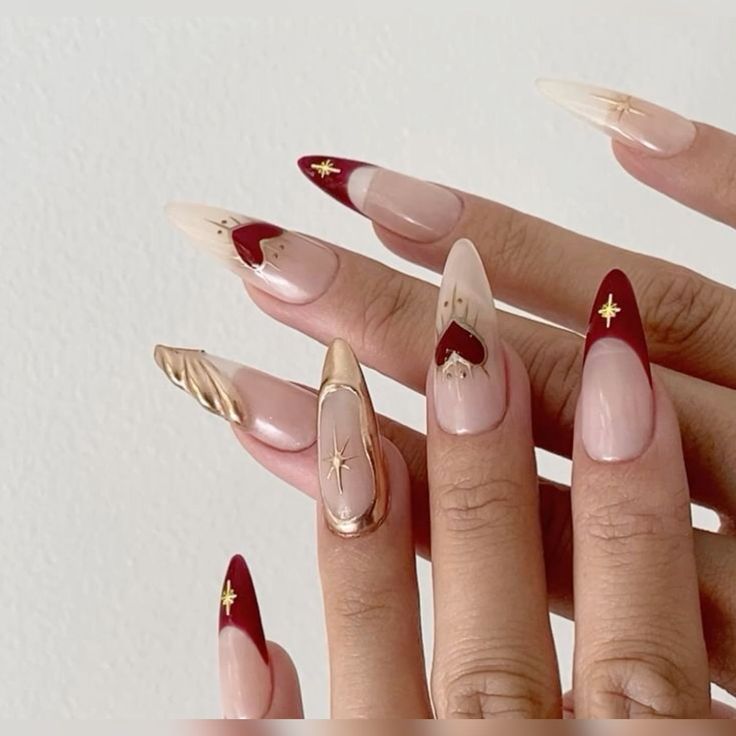 Red Gold Almond Nails, Red And Gold Nails Design, Vintage Nails Design Retro, Gold Red Nails, Red Gold Nails, Embellished Nails, Red And Gold Nails, Gold Nail, Her Nails