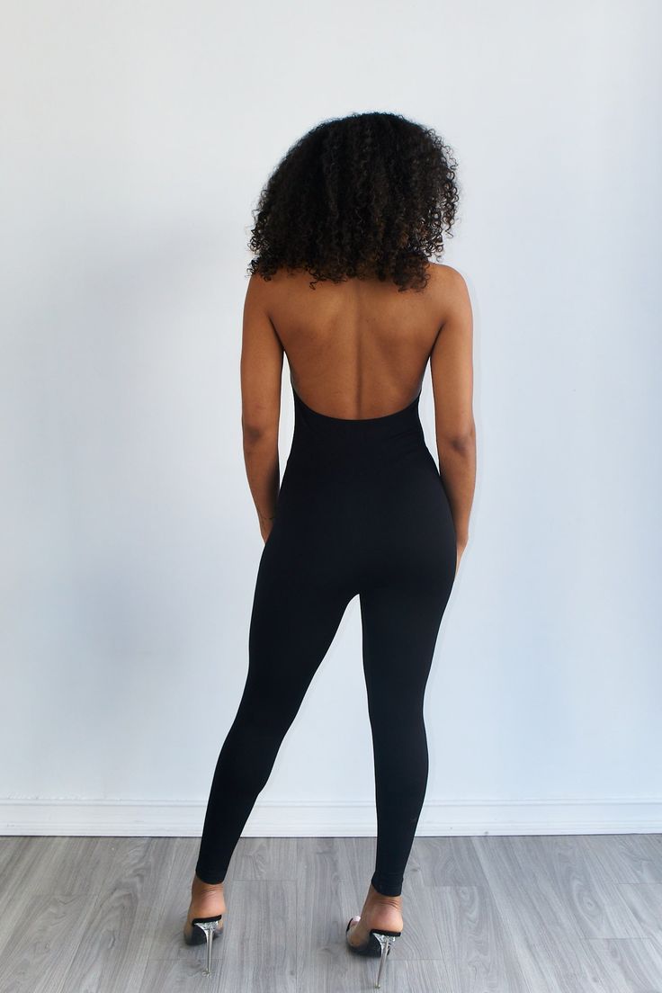 Stretchy form fitted jumpsuit Slip on closure Super stretch ribbed material 92% Nylon 8% Spandex Model is in size SM. Height: 5'7" Bust: 32" Waist: 26" Hips: 38" Halter Neck Jumpsuit, Fitted Jumpsuit, Halter Neck, Mocha, Jumpsuit, Slip On, Spandex, Black