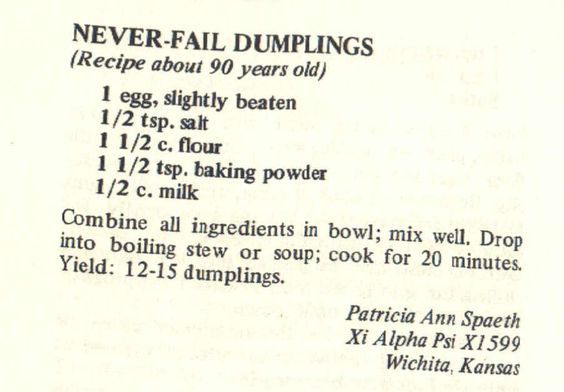 the recipe for never fail dumplings is shown in black and white, as well as instructions on how to make them