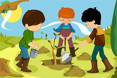 three children are working in the garden with shovels and trees, while one boy is digging