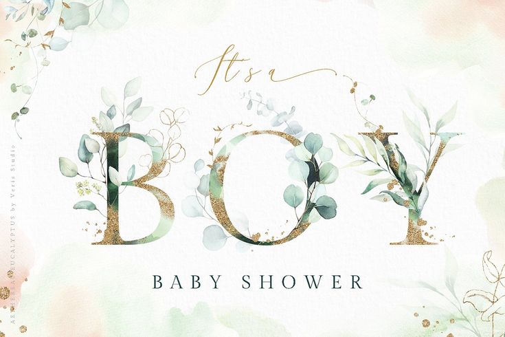 the word baby shower written in gold letters on a watercolor background with flowers and leaves