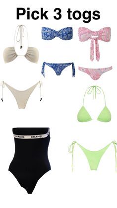 six different types of bikinis with the words pick 3 togs on them in black, white and pink