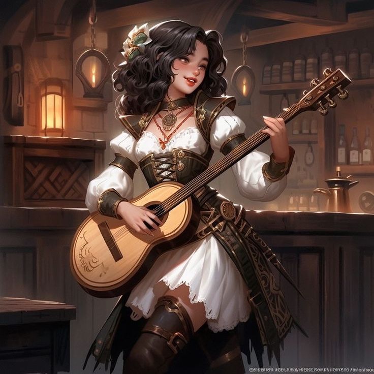 a woman dressed in medieval clothing holding a guitar