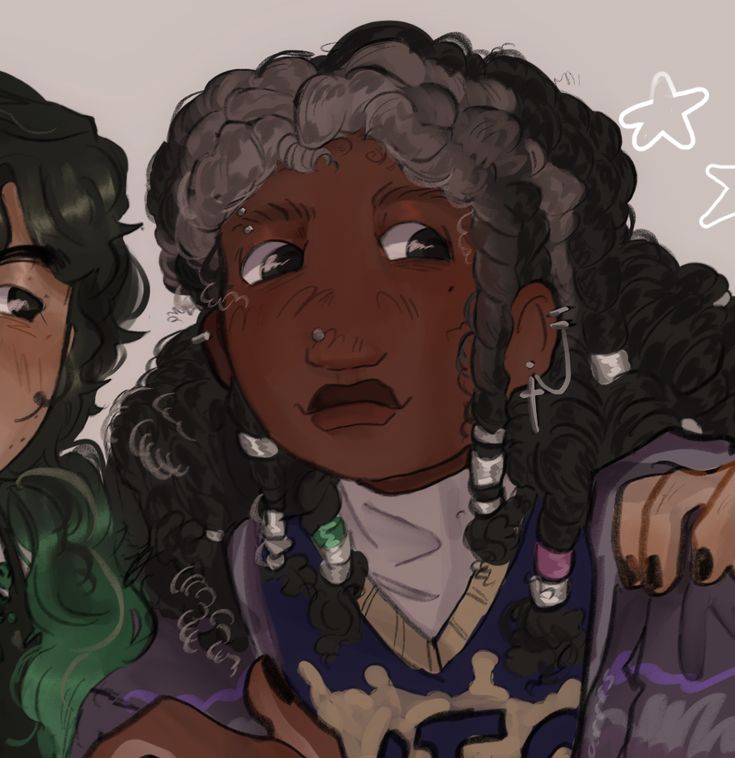 two black women with curly hair are looking at something and one has her hand on her shoulder