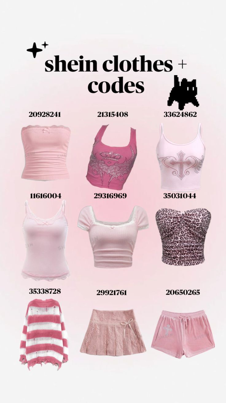 Feel free to write to me what other codes you would like (for example clothes with other colors, accessories, styles) #sheincodes #pink #codes #shein #fyp Shein Codes, 70’s Outfit, Shein Id, Shein Fits, Code Clothes, Shein Clothes, Clothing Codes, Shein Finds, Clothes Codes