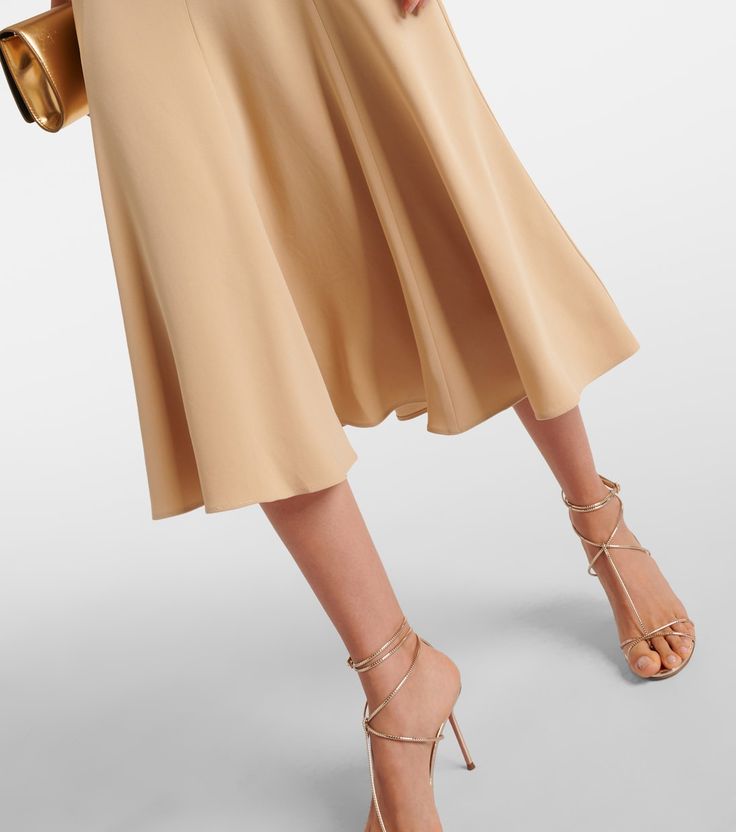 Chic Satin A-line Midi Dress, Chic Silk A-line Dress For Work, Silk A-line Midi Dress For Dinner, Feminine Formal Midi Dress, Chic Satin Dress For Spring Workwear, Chic Silk Satin Dress For Spring, Feminine Evening Midi Dress, Chic Silk Crepe Midi Summer Dress, Spring Evening Midi Dress