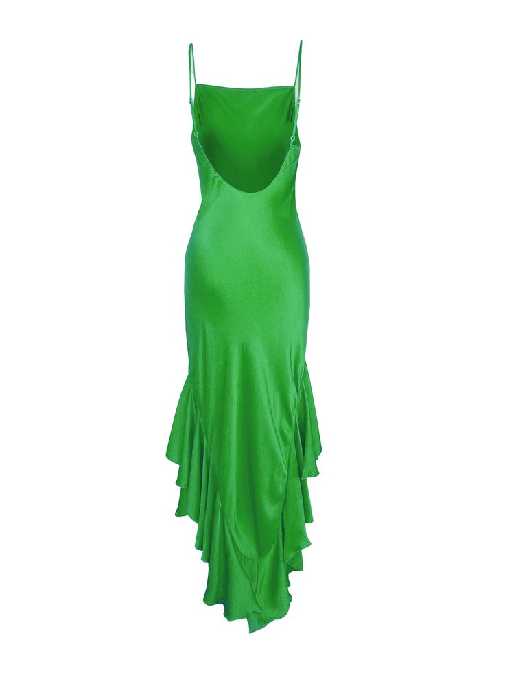 Paloma Dress in Jungle – Rabôt Green Dresses With Back Opening For Night Out, Fitted Green Maxi Dress With Bias Cut, Green Dress With Back Opening For Night Out, Green Ruched Back Evening Dress, Green Evening Dress With Ruched Back, Evening Backless Midi Dress With Ruffles, Backless Evening Midi Dress With Ruffles, Green Dress With Back Opening For Party, Green Bias Cut Slip Dress For Evening