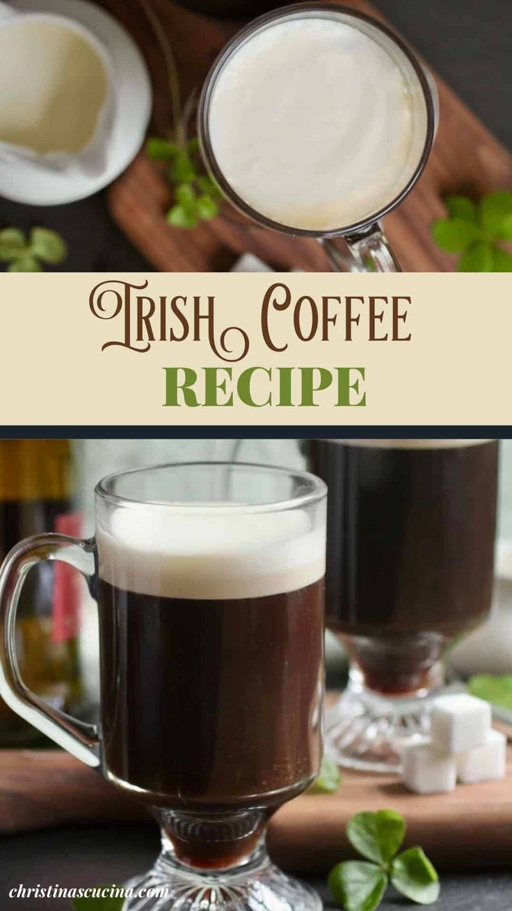 irish coffee recipe in two mugs on a cutting board