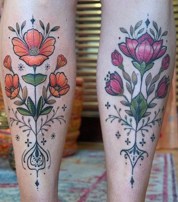 the legs are decorated with flowers and stars on them, while one leg has an intricate design