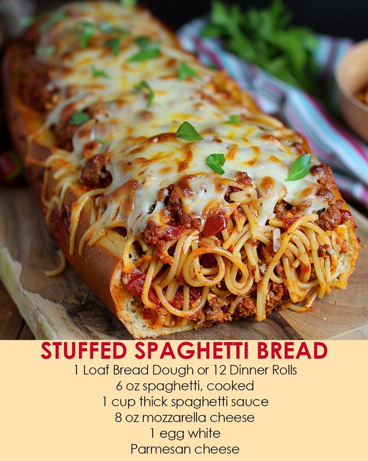 the stuffed spaghetti bread is ready to be eaten and served on a wooden cutting board