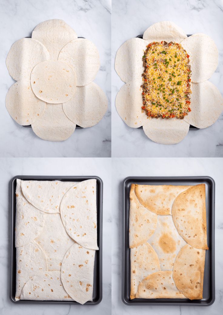 four images showing how to make tortillas with cheese and other toppings on them