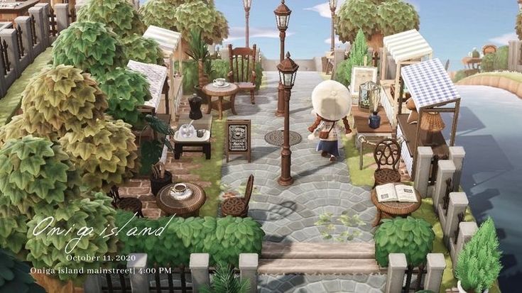 an animated image of a small town with lots of furniture and trees in the background